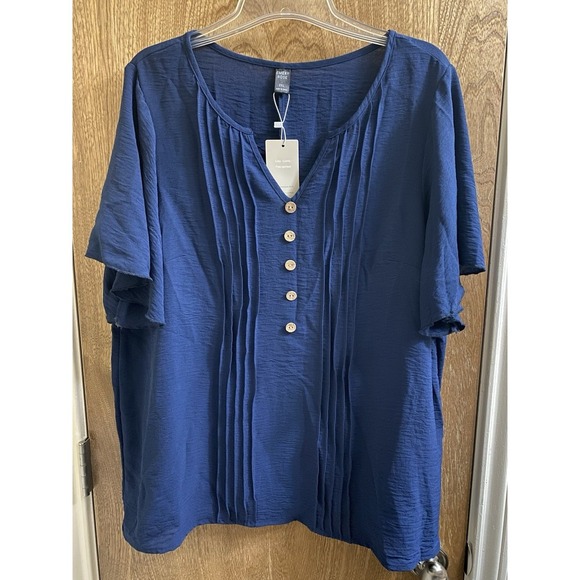 New Emery Rose Womens Size 2XL Navy V Neck Short Sleeve Ribbed Top Faux Button - Picture 1 of 9